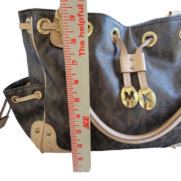 Michael Kors Brown Monogram Drawstring Satchel Handbag Purse Double Top Handle - Picture 14 of 16